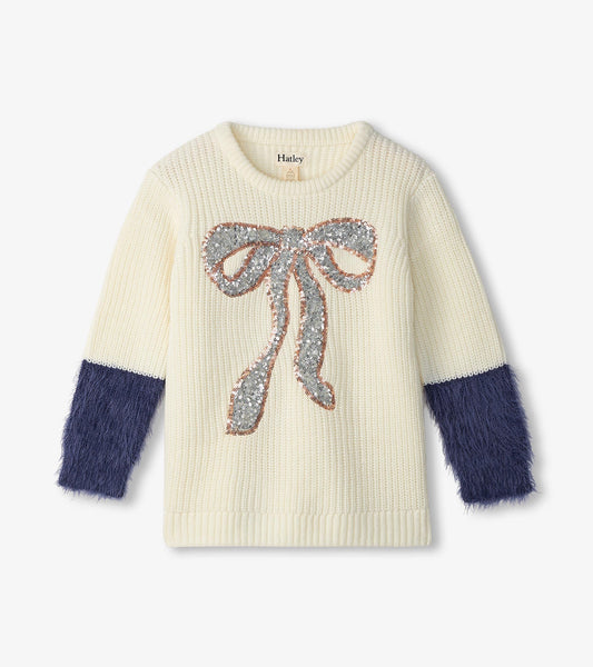 Hatley Girls Sequin Bow Fluffy Sleeve Sweater