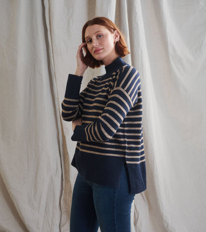 Hatley Mock Neck Tunic - Navy Taupe Stripes