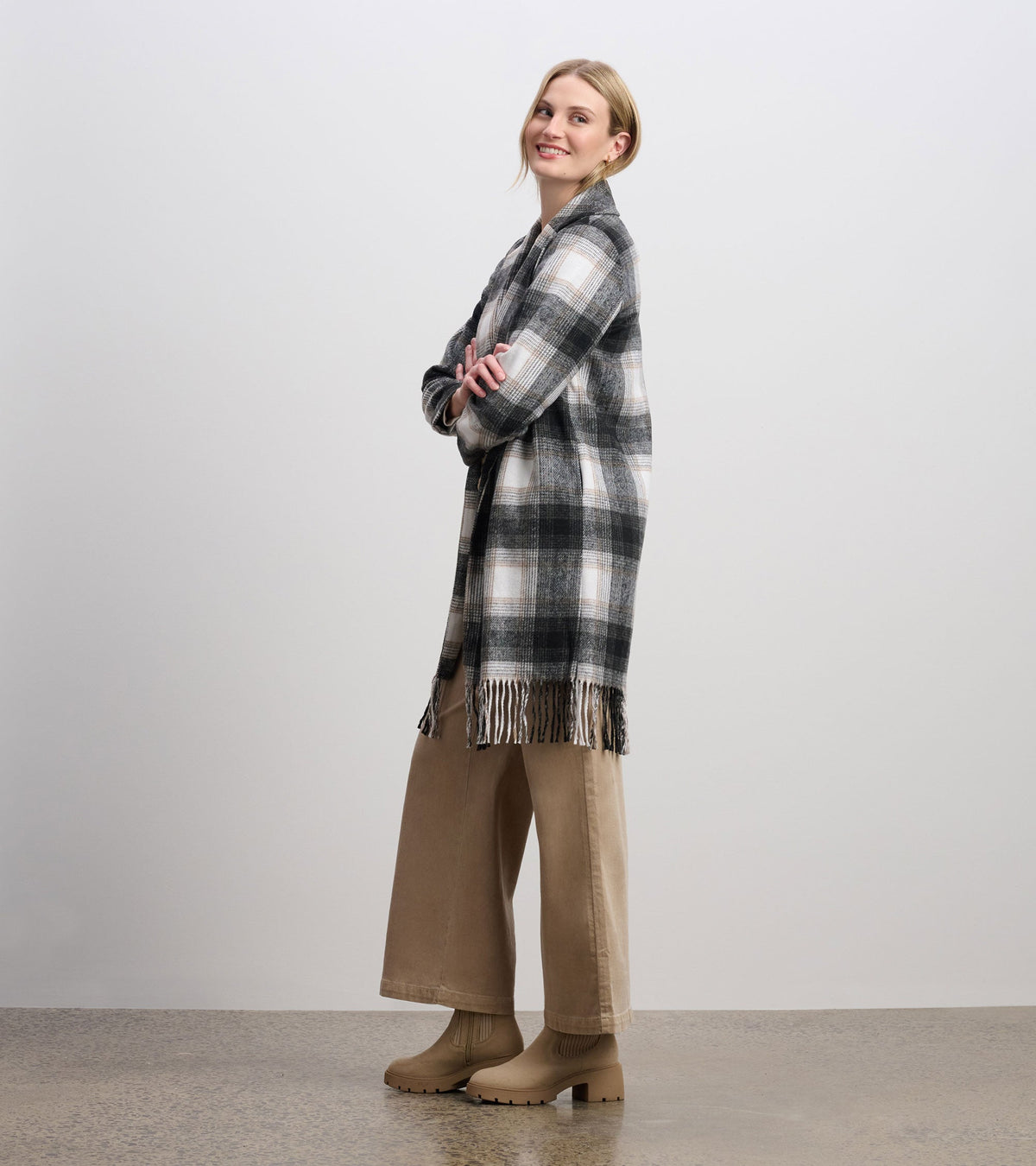 Hatley Fringe Jacket - Black and Taupe Plaid
