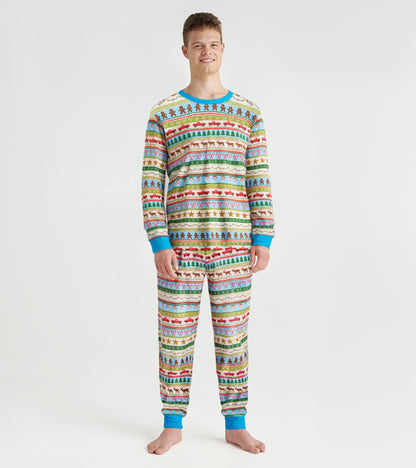 Hatley Men's Blue Fun Fair Isle Cotton Pajama Set