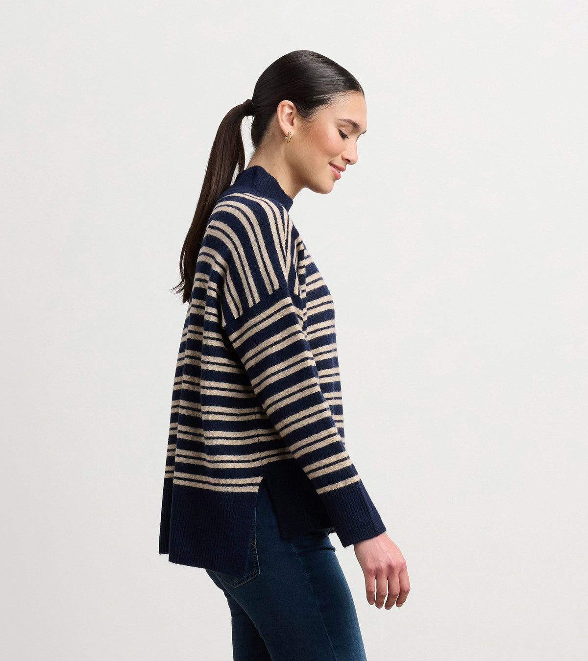 Hatley Mock Neck Sweater - Navy and Camel Stripe