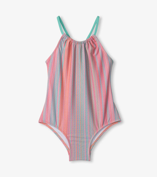 Hatley Girls Shimmer Stripe Gather Front Swimsuit